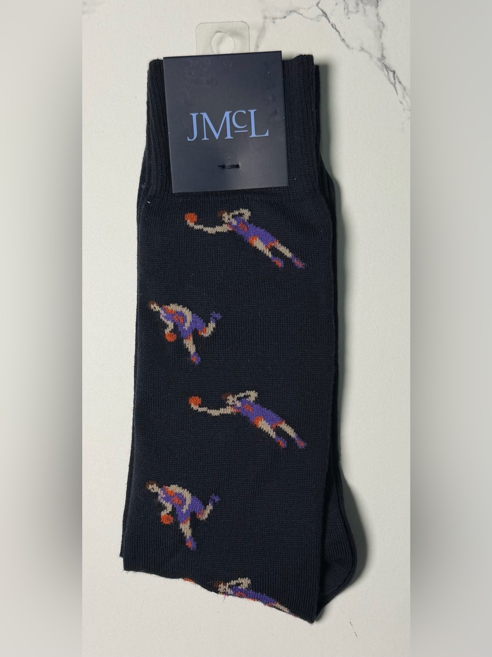 J. McLaughlin Black Socks with Purple and Orange Basketball Players